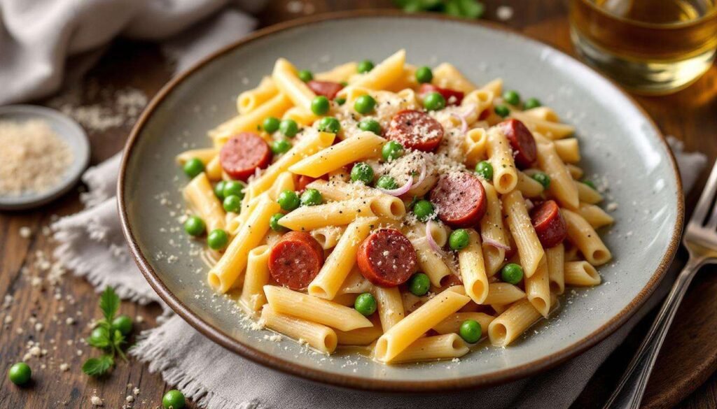 Pasta con piselli, robiola e salsiccia: cremosa e pronta in una sola padella
