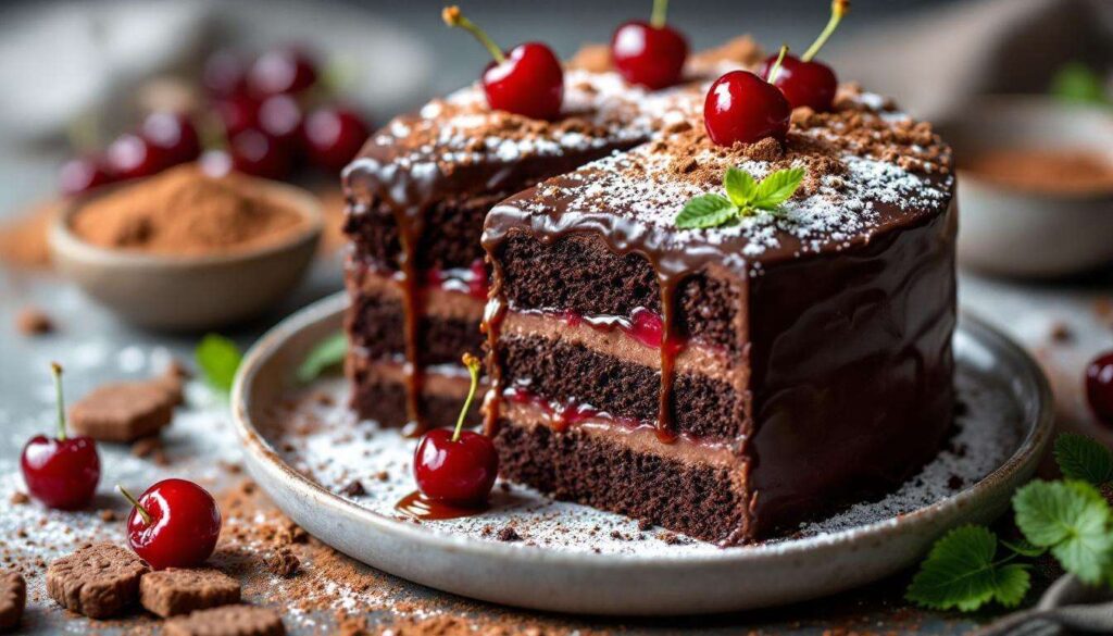Torta fredda Foresta Nera senza forno: strati al cacao, amarene e ganache