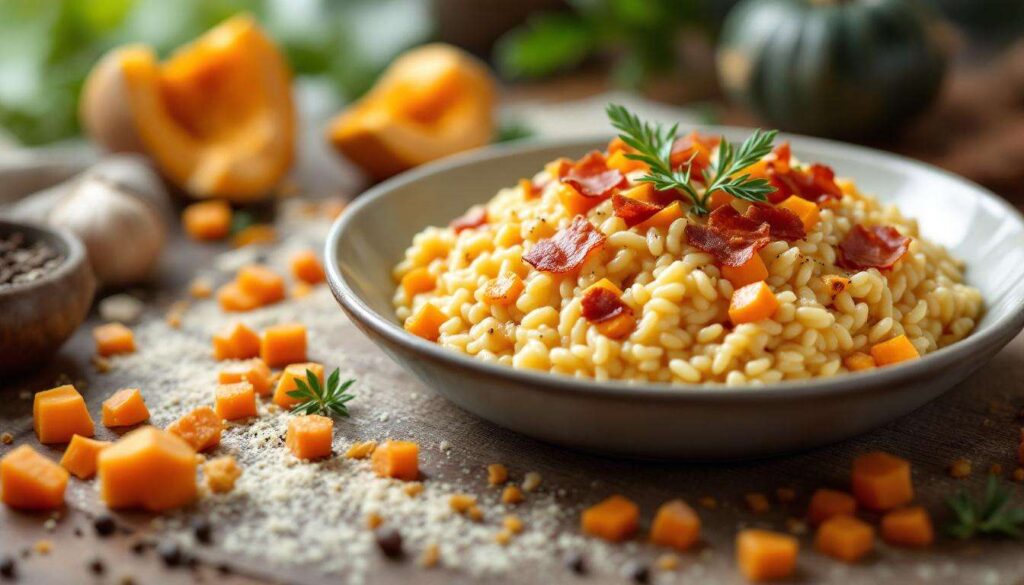 Risotto zucca e pancetta: cremoso all’onda con pancetta croccante