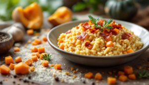 Risotto zucca e pancetta: cremoso all’onda con pancetta croccante