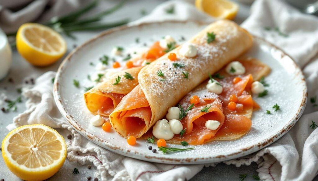 Ricetta di crêpes arrotolate con salmone affumicato e uova di salmone