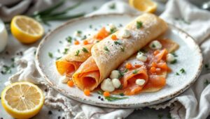 Ricetta di crêpes arrotolate con salmone affumicato e uova di salmone