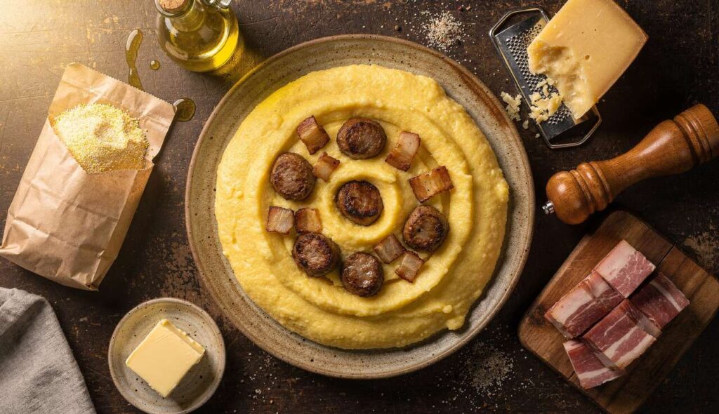 Hai solo 20 minuti per cena? Prova il polentone con salsiccia e pancetta, un piatto ricco e veloce.