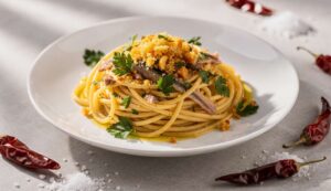 Spaghetti con acciughe e pangrattato croccante